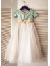 Short Sleeves Mint Sequin Ivory Tulle Floor Length Flower Girl Dress 